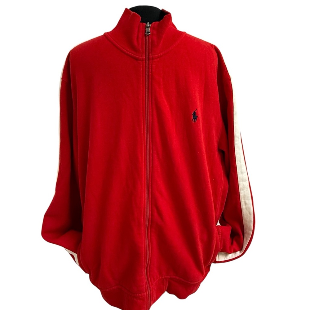 Polo by Ralph Lauren Red Track Zipper Sweater White Arm Stripe Sz XL 100% Cotton